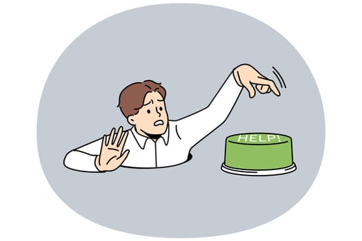 Stressed man look out of hole press help button. Distressed unhappy employee ask for assistance or help. Vector illustration.