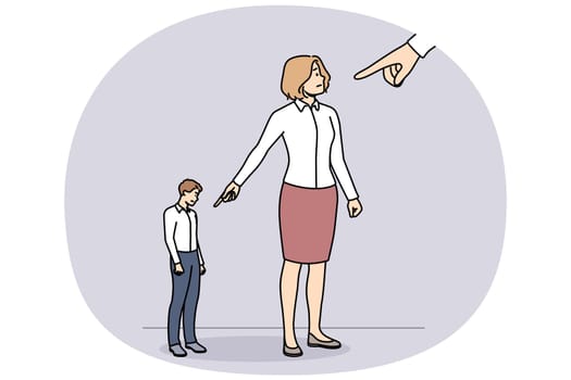 Businesspeople point with finger on colleague or coworker. Employees lay blame and guilt on subordinate. Concept of responsibility and management. Vector illustration.