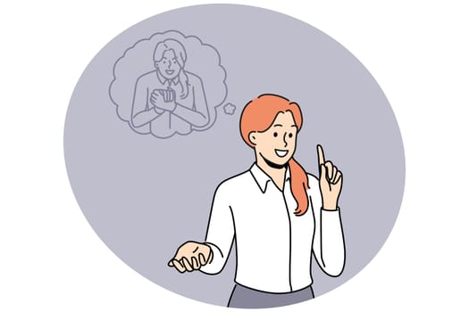 Angry inner self convince businesswoman in bad actions. Suspicious evil subconscious identity talk to female employee. Vector illustration.