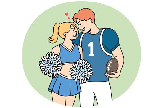 Smiling teen couple in sport uniform hugging. Happy guy American football player and girl cheerleader embrace. Love and relationships. Vector illustration.