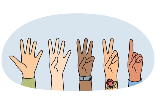 Closeup of diverse people hands showing number by gesture. Multiracial persons demonstrate hand gesture. Vector illustration.