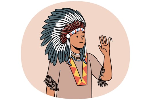Indian man in traditional costume and headwear waving hello. Native american male in feather hat say greeting. Culture and tradition. Vector illustration.