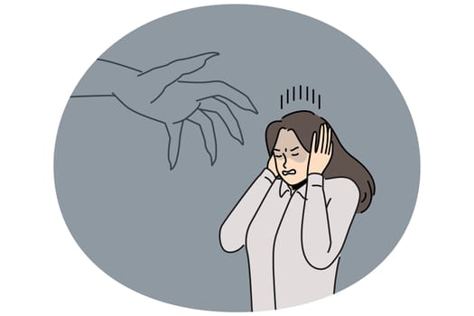 Huge monster hand stalk stressed businesswoman in fear and depression. Distressed female employee scared of big hand. Manipulation and authority in business. Vector illustration.