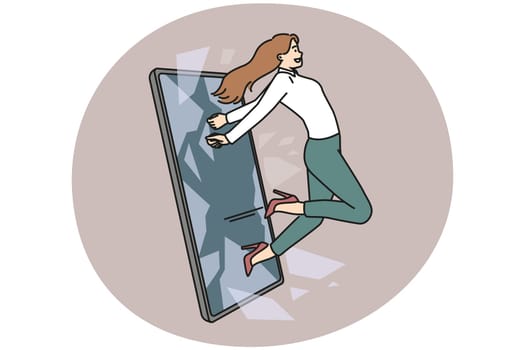 Confident businesswoman jump out of cellphone screen. Smiling woman go out of smartphone free from internet censorship and information. Vector illustration.
