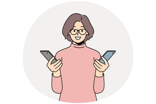 Smiling woman hold smartphones in hands. Happy female use cellphones transfer information on gadgets. Technology and electronics. Vector illustration.