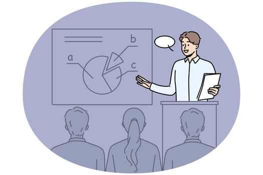 Confident male coach make business presentation for audience at conference. Smiling businessman present diagram or graph at seminar. Vector illustration.