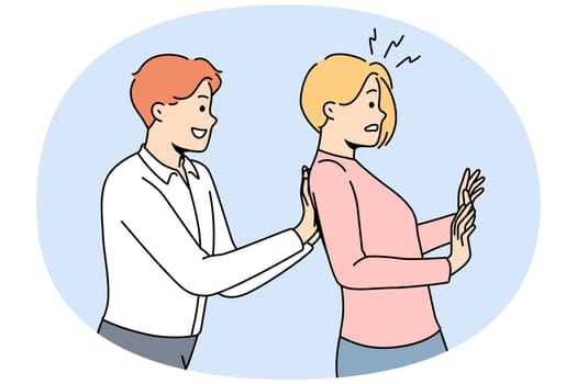 Smiling male employee push stressed female colleague forward. Happy motivated worker force scared frustrated woman coworker. Motivation concept. Vector illustration.