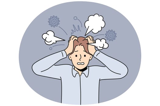 Exhausted businessman with chaos and mess in head suffer from nervous breakdown. Tired emotional man struggle with stress and overwork. Vector illustration.