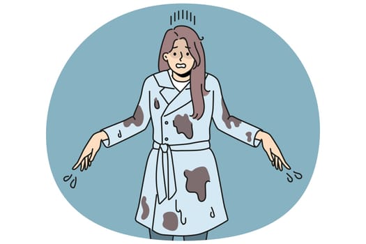Stressed woman in dirt after fall in puddle. Unhappy distressed girl in dirty clothes suffer from falling in mud. Vector illustration.