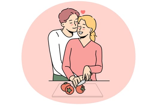 Happy couple in love preparing food together. Smiling man and woman lovers cooking at home kitchen. Vector illustration.