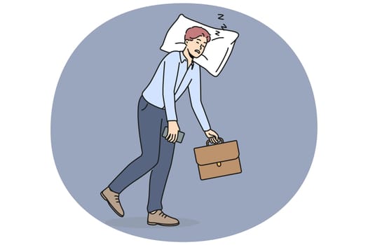 Tired businessman walk with head resting on pillow. Exhausted male employee suffer from fatigue and burnout. Vector illustration.