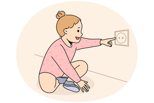 Happy cute girl child stretch finger to electrical socket at home. Smiling kid play with dangerous electricity outlet in apartment. Children and danger. Vector illustration.