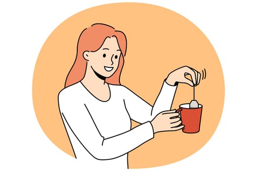 Smiling woman make tea in cup. Happy girl prepare warm drink with bag. Hot beverage for relaxation. Vector illustration.