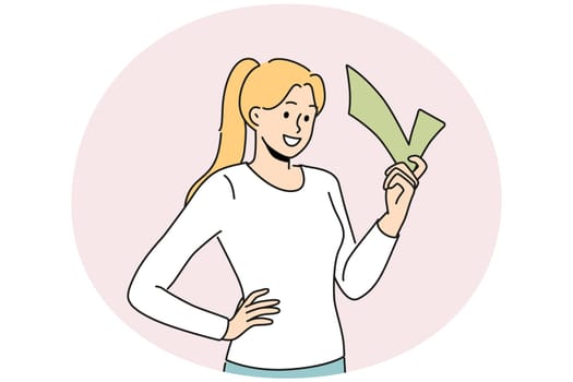 Smiling woman hold check sign in hands. Happy girl with done symbol. Achievement and success. Vector illustration.