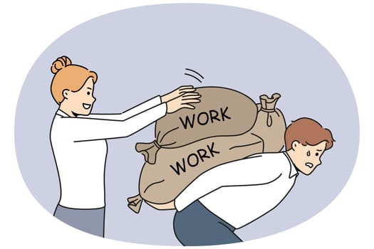 Businesswoman put more weight to struggling male colleague or coworker. Female employer or boss overwhelm male employee with workload. Vector illustration.