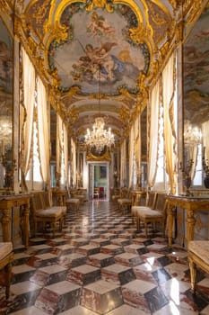 Genova, Italy - 8 August 2023: Spinola Palace. Corridor in luxury baroque style, old palace, nobody