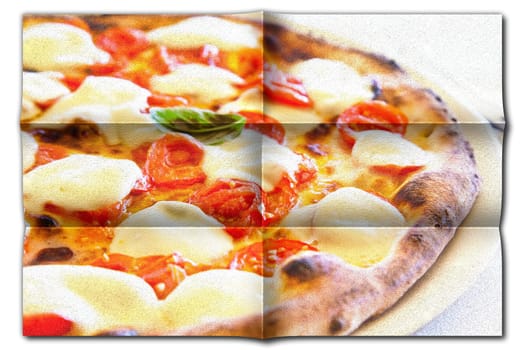 Creative picture of Pizza Margherita with Mozzarella cheese, basil and tomatoes