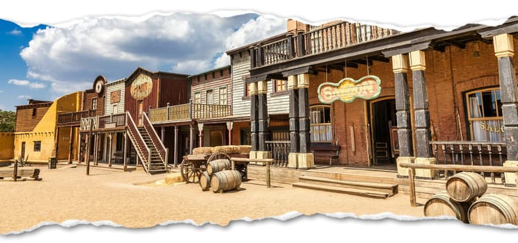 Creative picture of Wild West village with old buildings and saloon