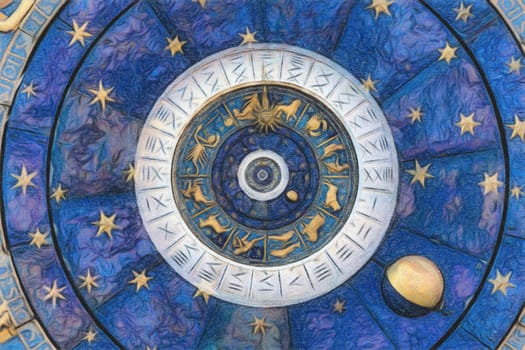 Astrological zodiac background. Vintage illustration art, grunge design. Concept of destiny, fortune, esoteric, magic, mysterious