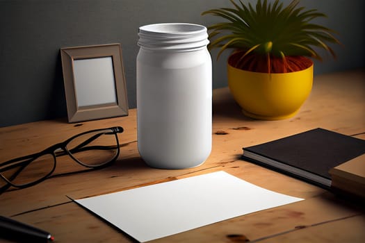 White paper mockup on wodden table with stationery