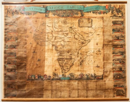 Genova, Italy - 8 August 2023: Spinola Palace. Antique map shows Africa known to Europeans in the mid 17-th Century. Exploration, cartography, vintage background.