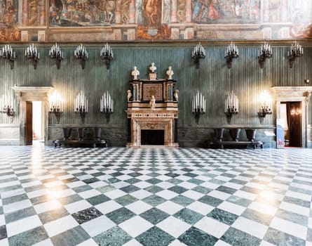 Turin, Italy -Royal Palace Entrance. Classic hall, luxury marble, room perspective