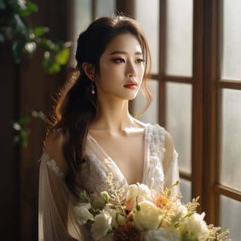 asian female, bridal studio photography with flower bouquet, ai