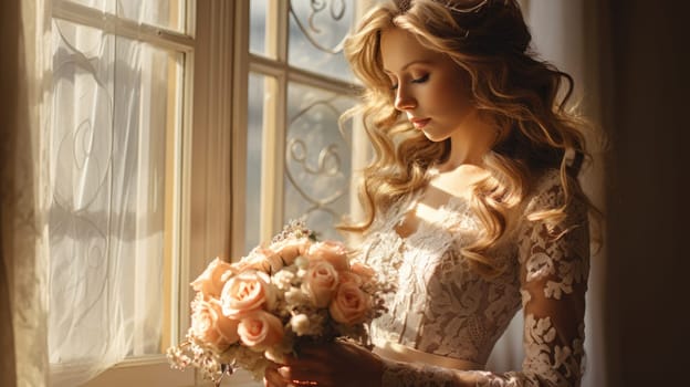 caucasian female, bridal studio photography with flower bouquet, ai