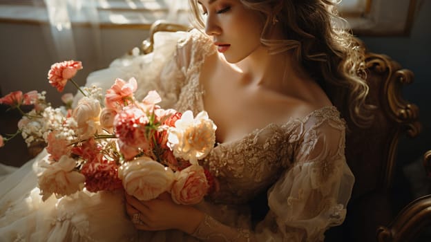 caucasian female, bridal studio photography with flower bouquet, ai