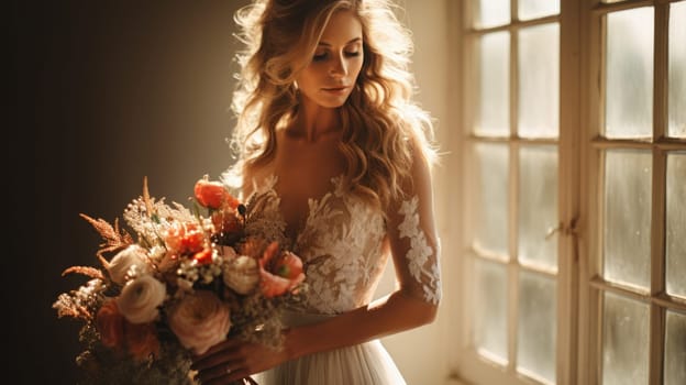 caucasian female, bridal studio photography with flower bouquet, ai