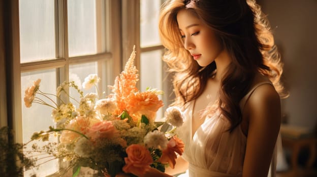 asian female, bridal studio photography with flower bouquet, ai