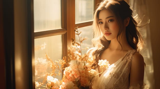 asian female, bridal studio photography with flower bouquet, ai
