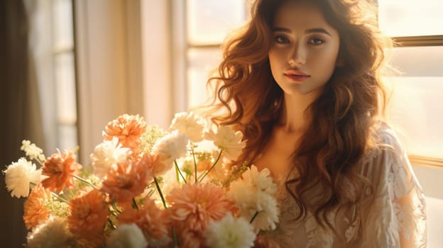 asian female, bridal studio photography with flower bouquet, ai