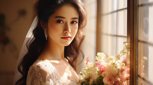 asian female, bridal studio photography with flower bouquet, ai