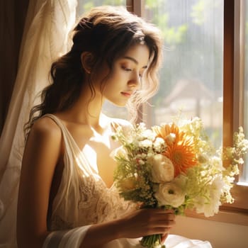 asian female, bridal studio photography with flower bouquet, ai
