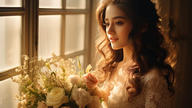 asian female, bridal studio photography with flower bouquet, ai