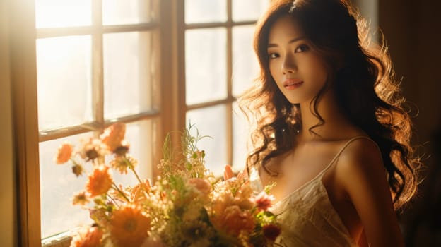 asian female, bridal studio photography with flower bouquet, ai