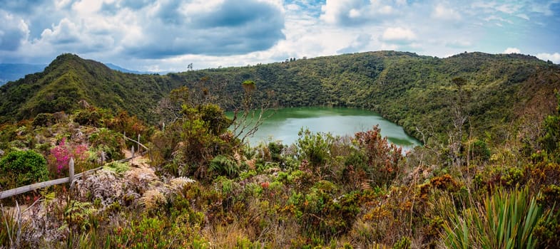 Lake Guatavita (Laguna Guatavita) located in the Cordillera Oriental of the Colombian Andes. Sacred site of the native Muisca Indians. Cundinamarca department, Colombia wilderness landscape.