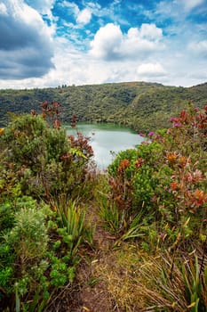 Lake Guatavita (Laguna Guatavita) located in the Cordillera Oriental of the Colombian Andes. Sacred site of the native Muisca Indians. Cundinamarca department, Colombia wilderness landscape.