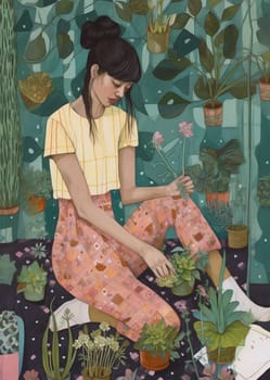 On a balcony or terrace, surrounded by lush greenery and dressed in bright summer colours, the girl is tending her plants. Her gaze is full of concentration and her dishevelled hair gives her image lightness and ease. In her hands she holds a slender plant with pink blossoms, like an accent of beauty in this green oasis. There is a touch of romance in each colourful element, reminding us of the importance of finding beauty in everyday life and making even the care of plants special and exciting. It is a story of love for nature and for oneself.