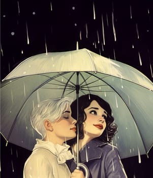 Two girls under a white umbrella, dressed in raincoats, are hiding from the rain. One of the girls is enjoying the refreshing elements, while the other, closing her eyes, snuggles up to her friend.