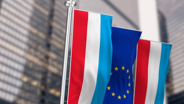 The flags of Luxembourg and the European Union waving in the wind on a clear day. Luxembourg became a member of the EU in January 1958. 3d illustration render. Fluttering textile