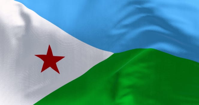 Close-up of National flag of Djibouti waving. Horizontal bicolor with equal bands of light blue and light green, with a white, equilateral triangle with a red star. 3d illustration render