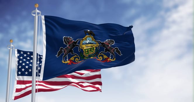 Pennsylvania state flag waving with the american flag. Blue field with state coat of arms: shield between horses, eagle on top. 3d illustration render. Fluttering textile