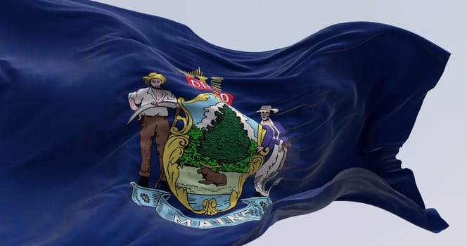 Close-up of Maine state flag waving on a clear day. Coat of arms on a blue field with a moose, farmer, seaman and North Star. Motto: Dirigo. 3d illustration render. Rippled fabric. Selective focus.