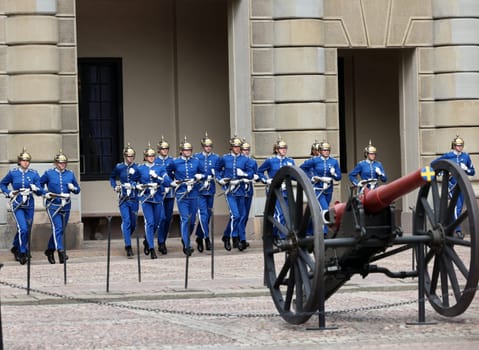 Stockholm, Sweden - June 26, 2023: Changing of the Guard ceremony at the Royal Palace in Stockholm, Sweden