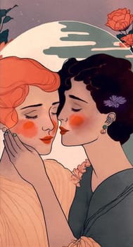 Two ladies with vintage hairstyles and modern style dresses. One of them, with eyes closed, approaches the other for a tender kiss. Every detail is infused with 1920s aesthetics.