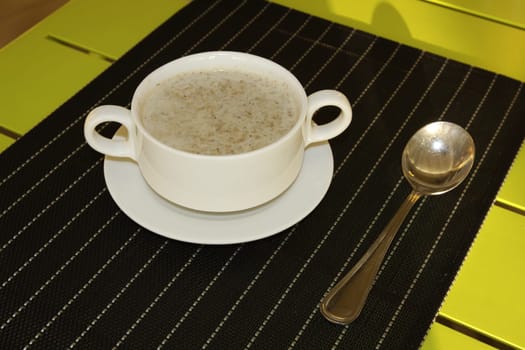 Restaurant menu. Dishes which give at restaurants. Soup in the cup