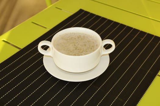 Restaurant menu. Dishes which give at restaurants. Soup in the cup