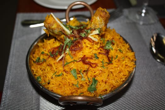 The food cooked at restaurant. Various dishes for every taste and choice.